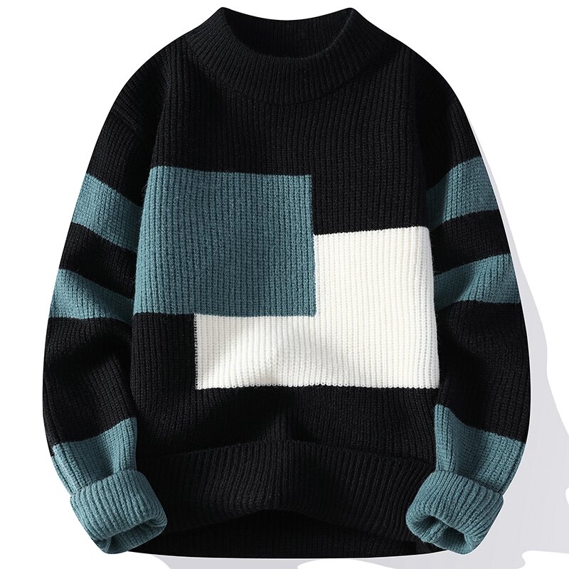 Suéter de lã quente masculino, pulôveres masculinos, emendando padrões de cores, estilo coreano, moda, Inverno, 2022