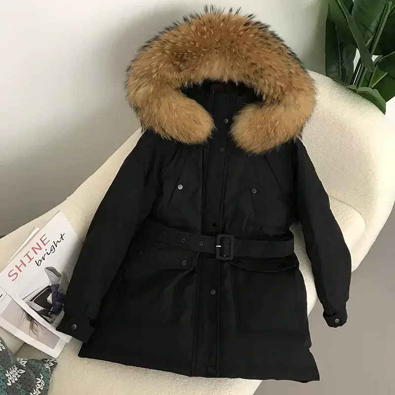 Furyaly 2023 prawdziwy lis kołnierz z futra szopa z kapturem zimowa kobiet kurtka z puchu kaczego pas kobiety gruby ciepły płaszcz luksusowa odzież wierzchnia