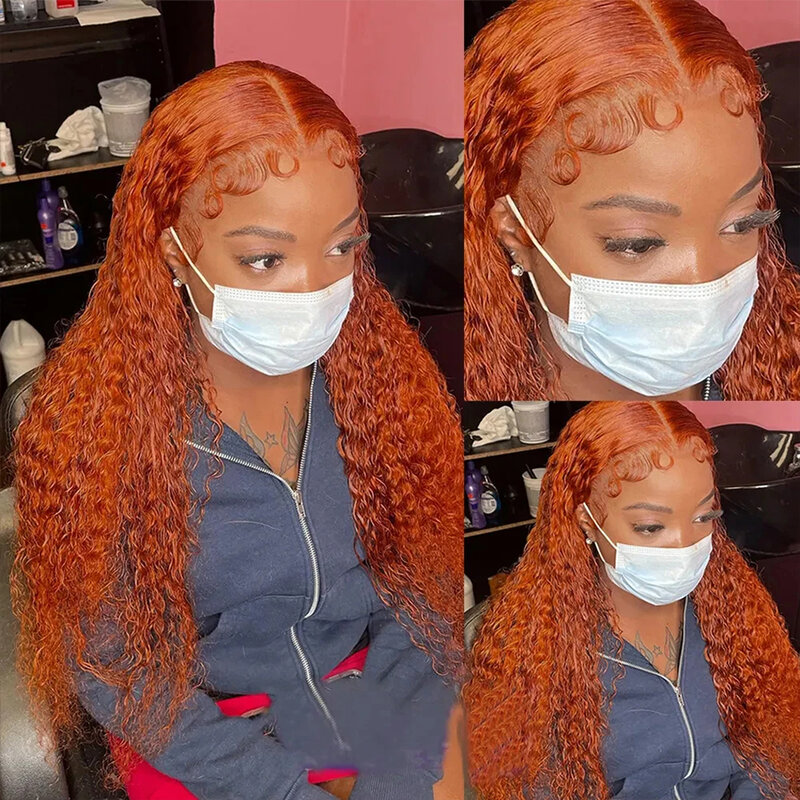 Peluca de cabello humano para mujer, postizo de encaje frontal 13x6 con ondas profundas, Color naranja jengibre, 180% transparente, rizado al agua, 13x4