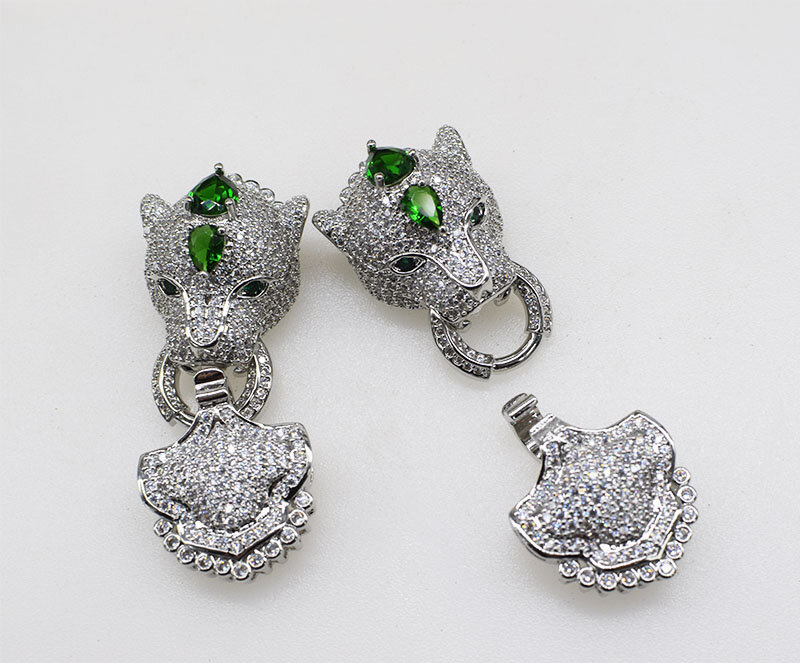 Un piezas, 1 pieza, broche de cabeza de leopardo de circón verde, accesorio de joyería, conector, gancho al por mayor FPPJ