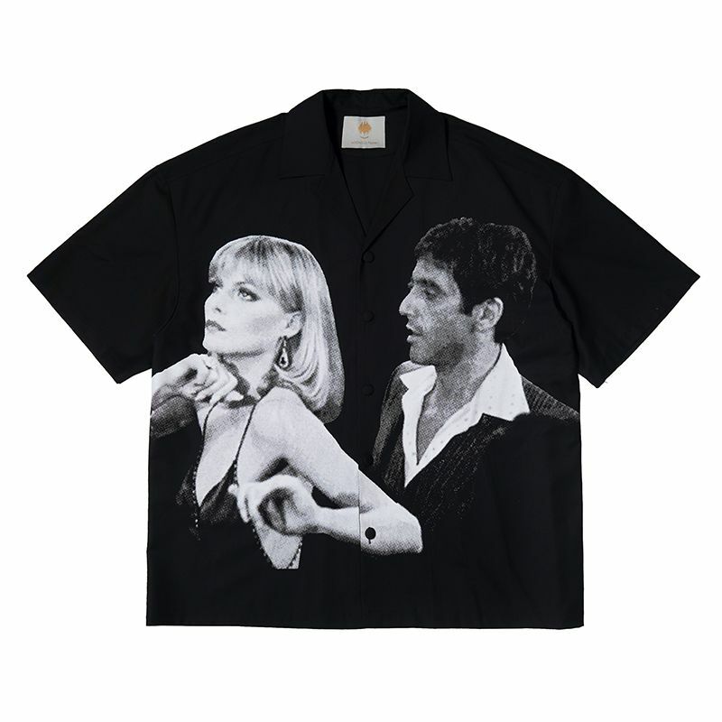 American retro elegant design sense trendy Scarface movie themed portrait print short-sleeved floral blouse  men clothing  y2k