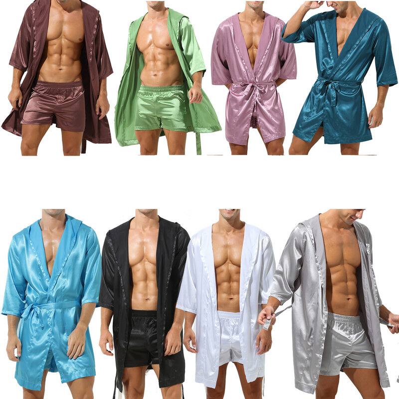 Conjunto de pijamas de meia manga masculino, roupão com capuz aberto com cinto com calções elásticos, pijamas, loungewear