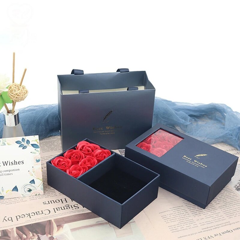 Scatola di gioielli con fiore di rosa anello orecchini collana ciondolo Storage confezione regalo di san valentino finestra di carta scatola aperta per gioielli