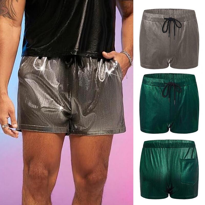 1Pc Men Summer Casual Shorts Elastic Drawstring Waist Pockets Shorts Hip-Hop Style Glossy Surface Loose Fit Shorts Streetwear