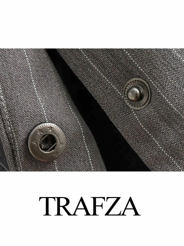 TRAFZA-Chaqueta entallada de manga larga con cuello redondo para mujer, Blazer corto a rayas, chaqueta Bomber holgada, moda de otoño
