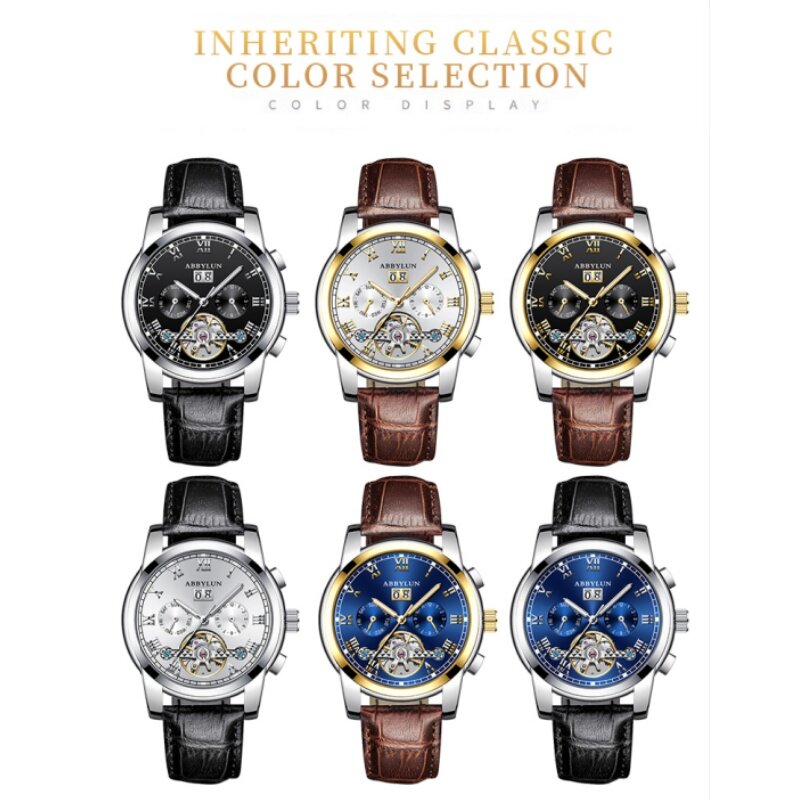 Abbylun 141 orologio da uomo originale Business Luxury Skeleton orologio meccanico automatico cinturino in pelle orologio da polso con data impermeabile