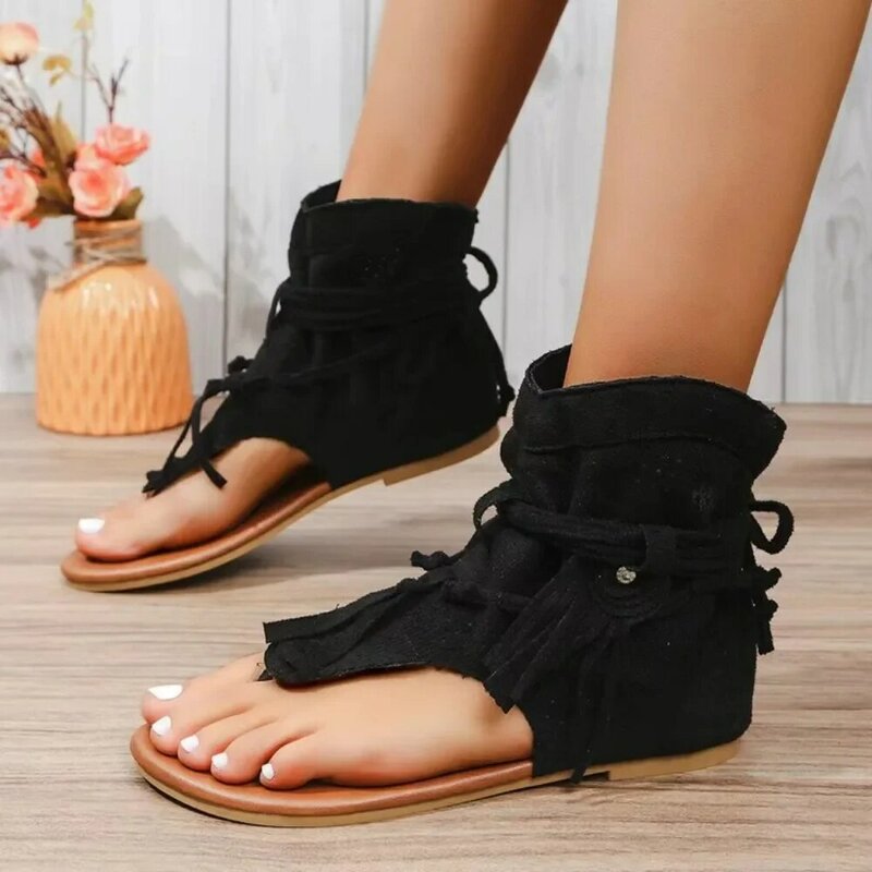 Sandalias de gladiador con punta de Clip para mujer, botas Vintage informales con borlas, zapatos de verano a la moda romana, 2024