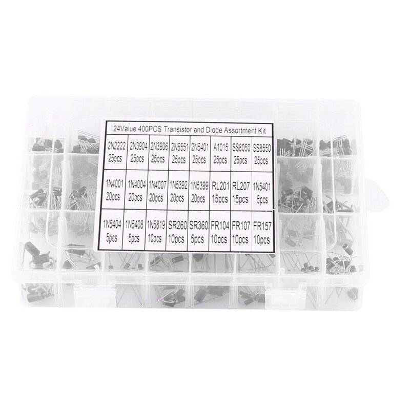 400Pcs 24 Values Transistors Assortment Kit 2N2222-FR157 Fast Recovery Diode Rectifier