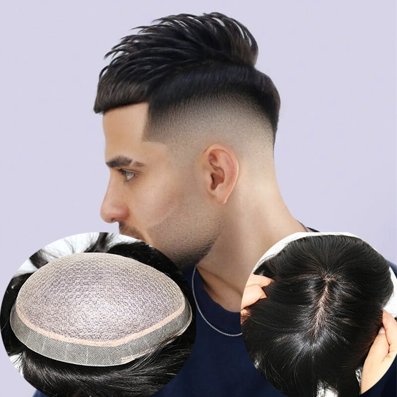 Super m-renda dasar sutra pria rambut palsu dengan PU dan Swiss renda 100% rambut manusia lurus alami kulit kepala untuk pria penjualan rambut palsu