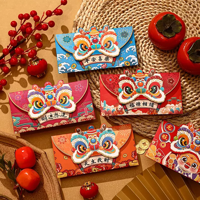 Ano novo chinês vermelho Envelopes do dragão lunar, festa do festival da primavera, desenhos animados, 4 pcs