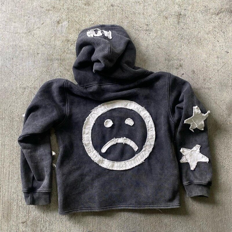 Trendy Brand Crying Face Letter Embroidered Zipper Hoodie Men Y2k Retro Harajuku Jacket Hip-hop Rock Casual Oversized Sweatshirt