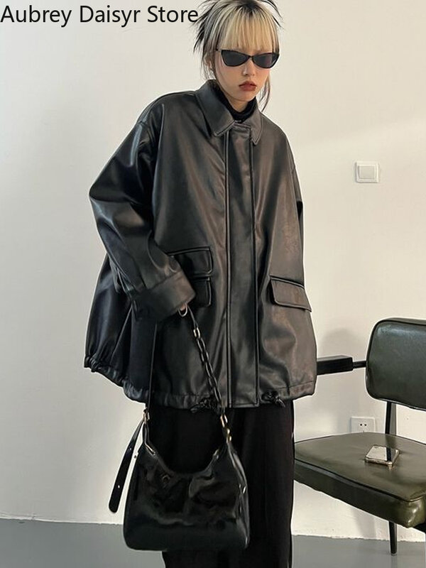 Chaqueta de cuero con cremallera para mujer, abrigo de cuero negro con cremallera, estilo Punk, informal, Vintage, invierno, 2023