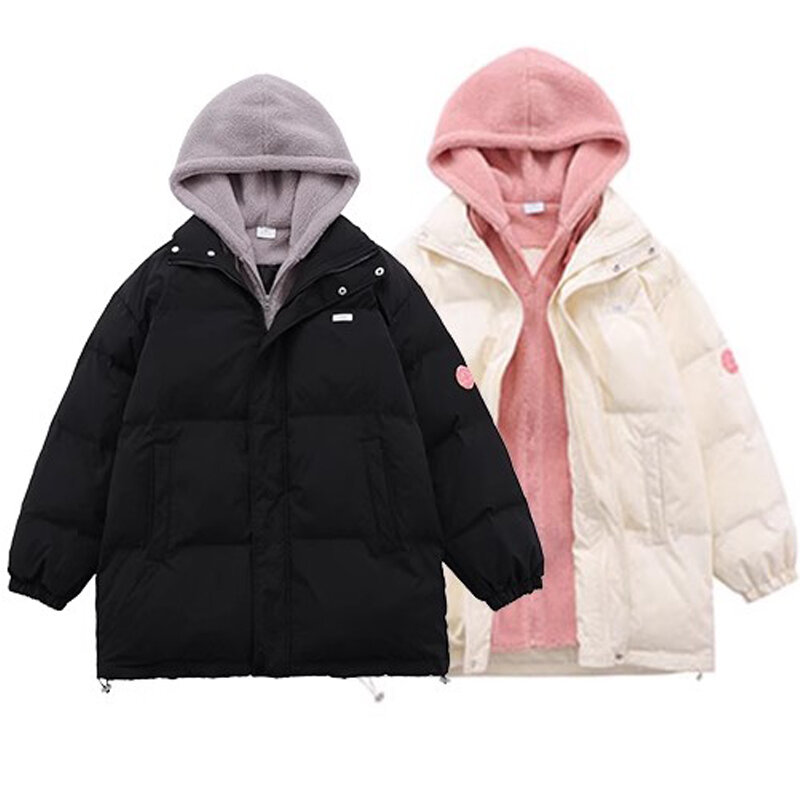 Abrigo grueso de algodón con capucha para mujer, dos piezas falsas, corto, grueso, cálido, suelto, moda, ropa femenina, pareja, invierno, nuevo