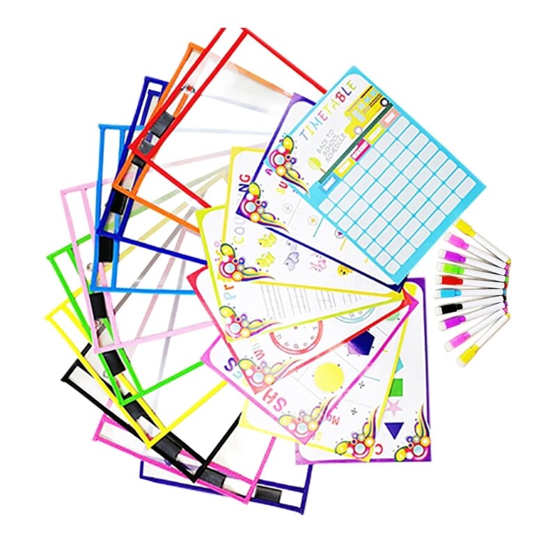 E9LB 10개 마커가 있는 플라스틱 워크시트 포켓, 펜 슬롯, 교실, 학교, 사무실, 10x13.77인치
