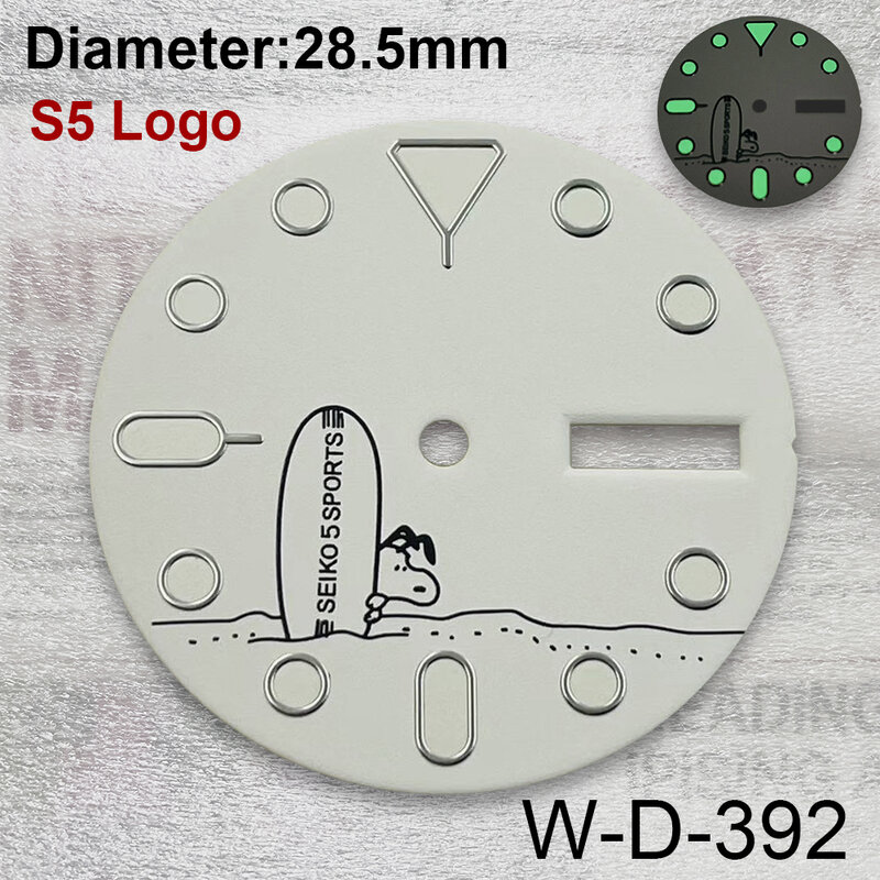 28.5mm S Logo Snoopy Cartoon Dial Suitable For NH36/4R36 Movement Pilot Dial Green Luminous Watch ModificationAccessories