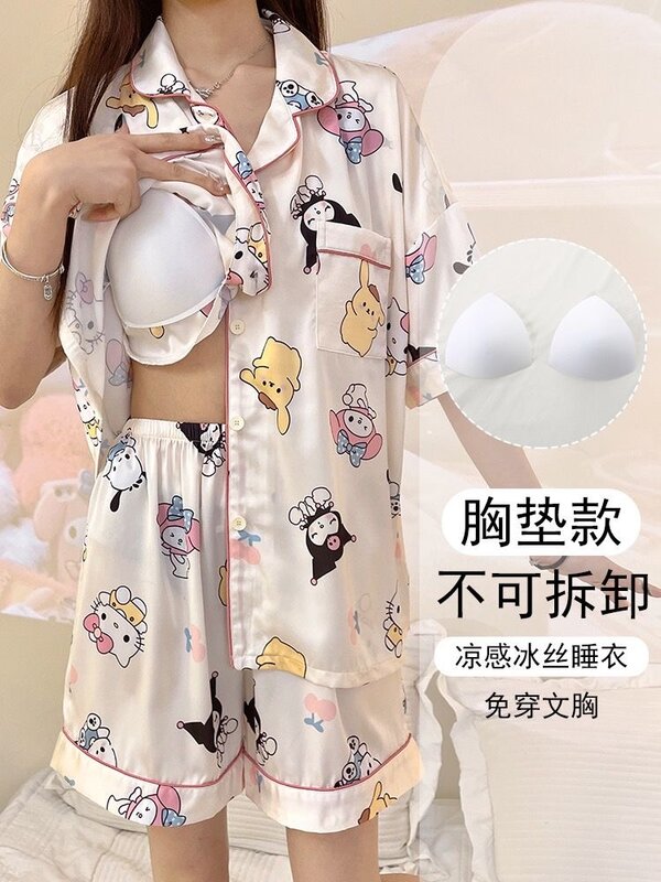 2024 New Snario Hello Kitty Summer Pajamas Suit With Bra Cute Cartoon Snoopy T Shirt Shorts Set Girls Women Loose Silk Nightwear
