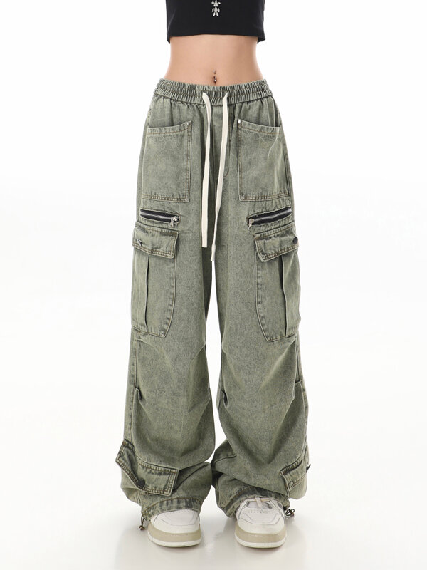 Celana panjang kargo wanita, Y2k celana panjang Denim estetika Harajuku, celana panjang Jeans Jepang 2000s gaya longgar, celana panjang Denim Vintage untuk wanita