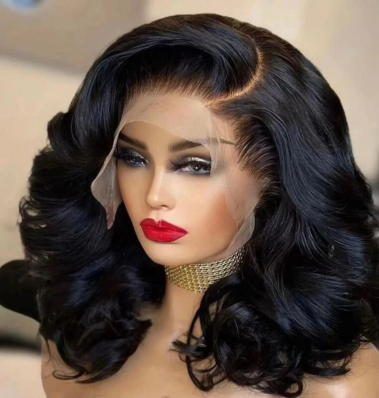 Peluca de cabello humano con encaje frontal para mujer, pelo rizado, suave, HD, negro claro, ondas grandes, sintético