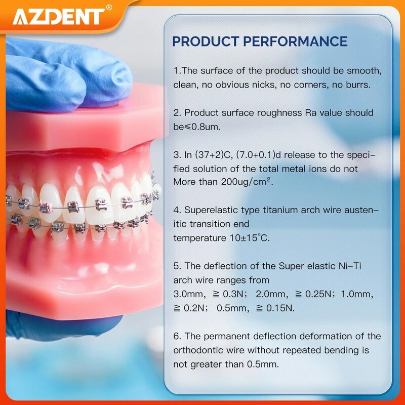 AZDENT arco ortodôntico dental fios, super elástico, Niti redondo, forma ovóide retangular, archwire superior e inferior, 10pcs por pacote