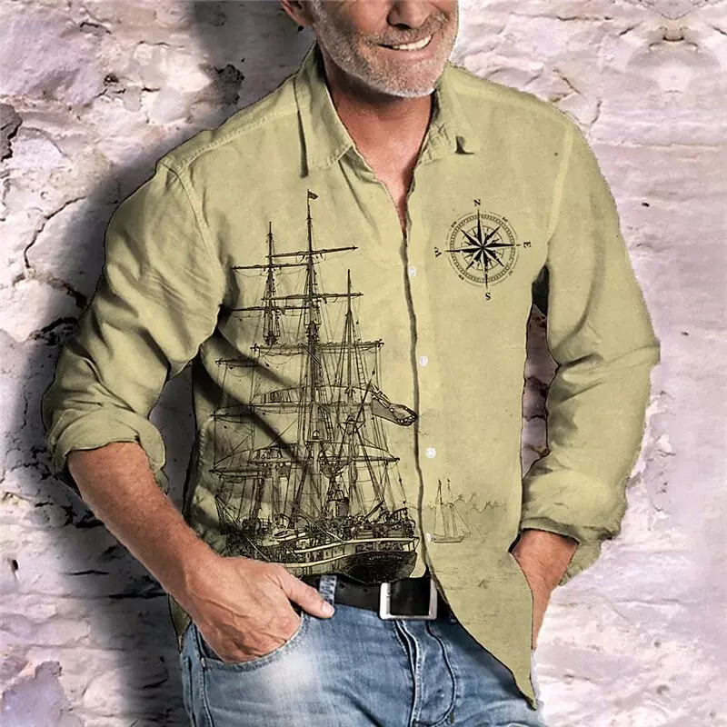 Мужская рубашка с длинным рукавом, Повседневная Уличная рубашка из мягкого материала в стиле ретро, с изображением Льва, с длинным рукавом, 2023