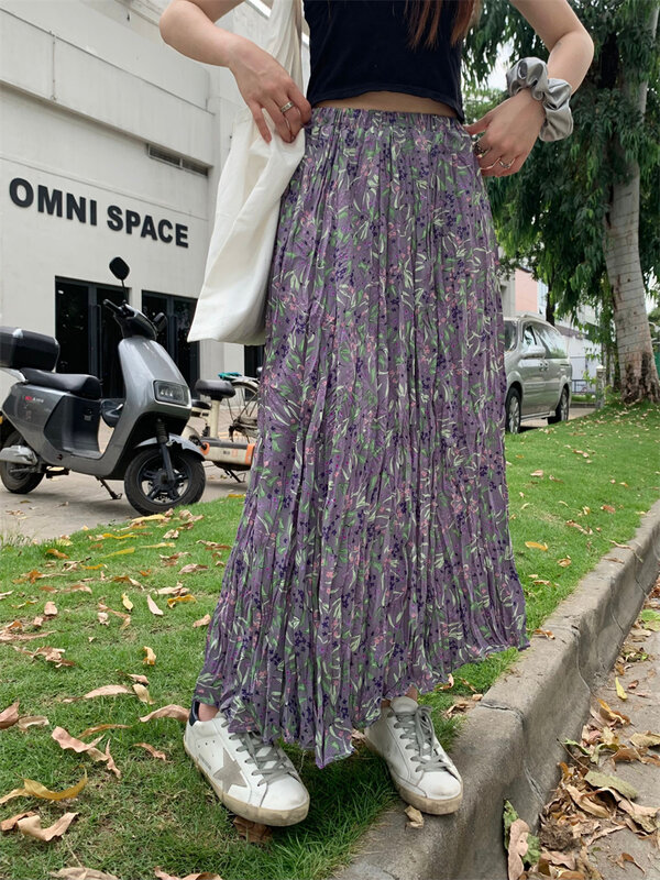 Benuynffy rok sifon lipat motif bunga untuk wanita, rok panjang Boho A Line manis pinggang elastis tinggi ungu 2024 musim panas untuk wanita