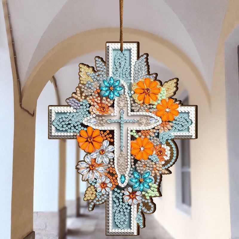Cross Rhinestone Painting Pendant Kit Cross Shaped Gem Painting Ornament DIY Hang Gem Painting Ornament DIY Acrylic Mosaic Cross
