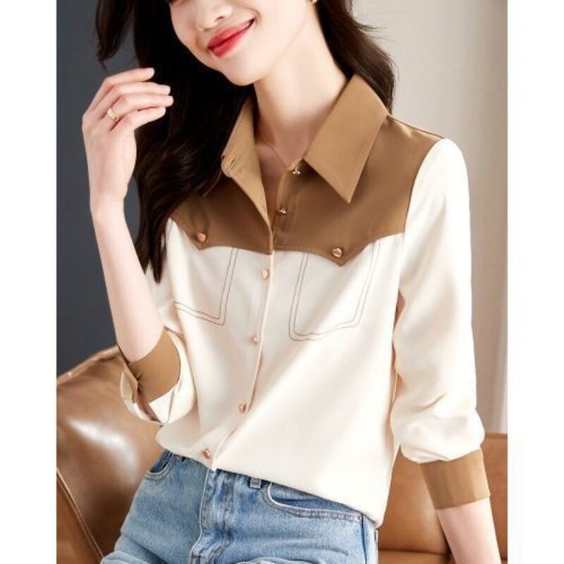 Szyfonowe bluzki damskie z długim rękawem 2024 wiosna i jesień nowe koreańskie kontrast kolorowy Patchwork koszula na co dzień z klapą