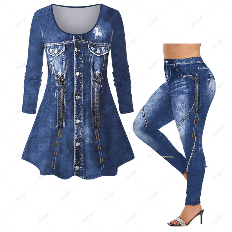 Women's Daily Casual Matching Set 3D Denim Pocket Lace Up Buttons Ripped Ombre Print Long Sleeves T-shirt or Leggings Set