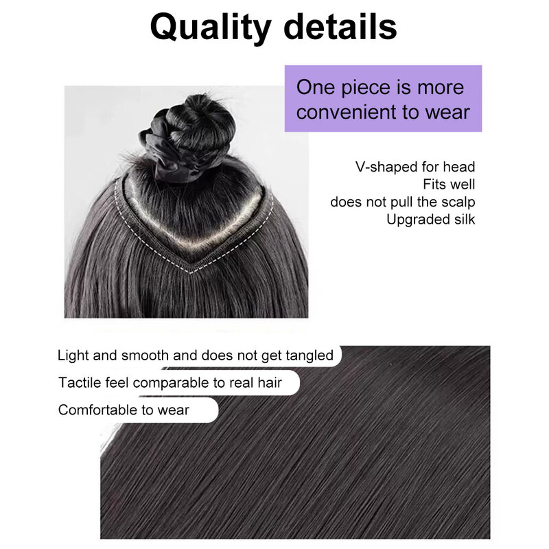 ALXNAN ekstensi rambut sintetis 50CM, ekstensi rambut bentuk V lurus sintetis, serat suhu tahan tinggi, hiasan rambut hitam cokelat
