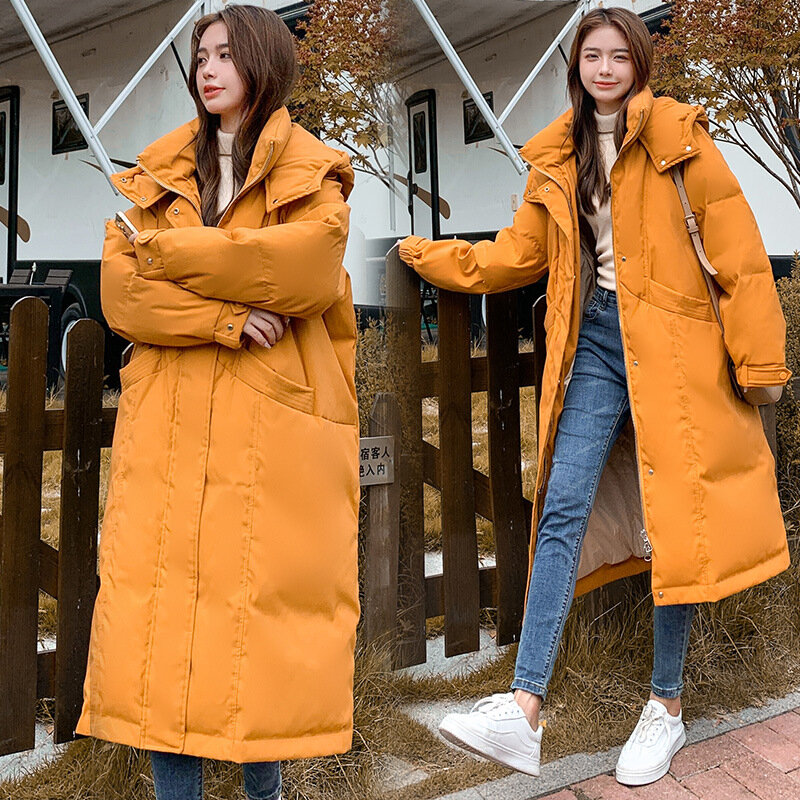 Chaqueta de plumón de grueso con capucha para mujer, abrigo largo coreano de talla grande, Color blanco, con cuello de piel de zorro, 2022