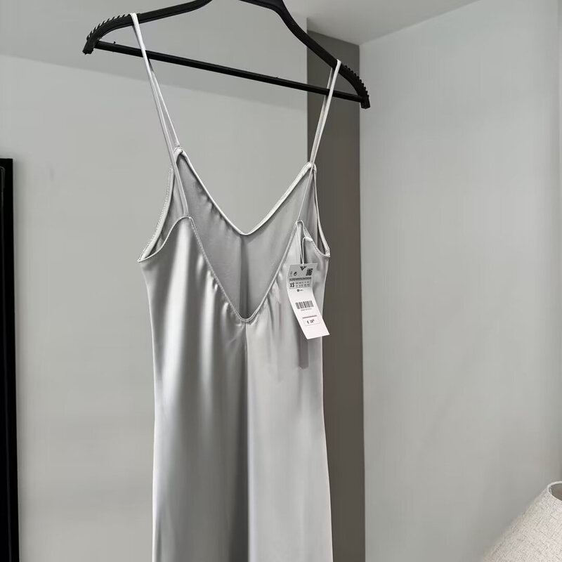 Cetim Backless V-Neck Strap Dress, Vestido Textura Sexy, Novo