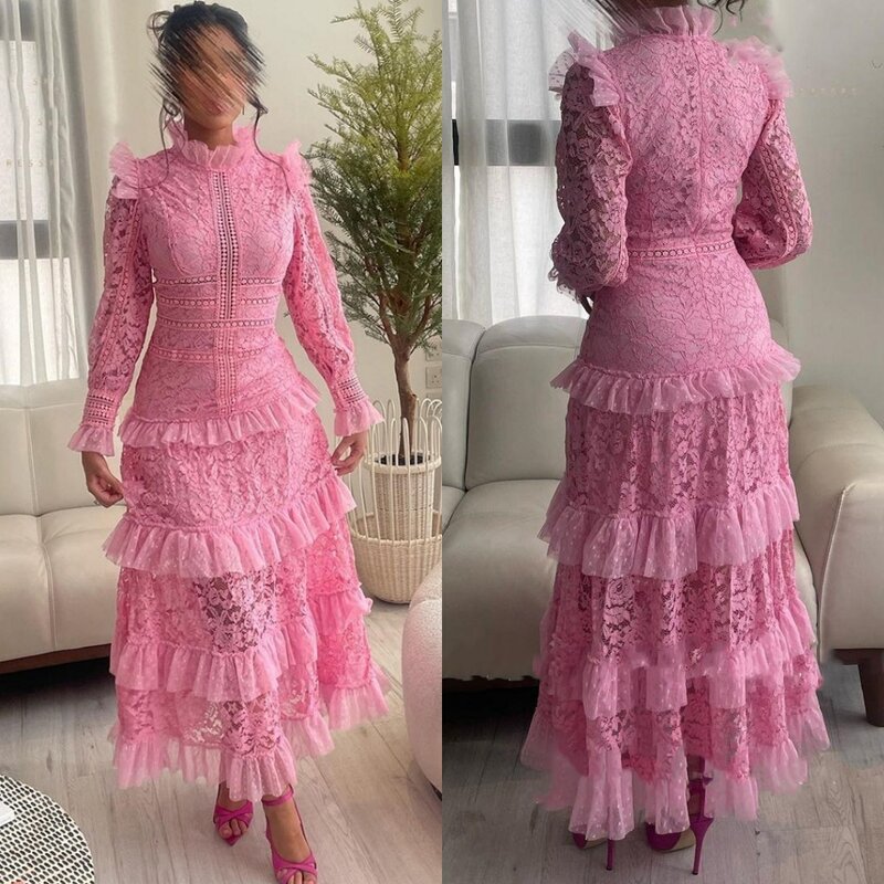 Prom Dress Saudi Arabia Modern Style Formal Evening High Collar A-line Tulle Tiered Lace Bespoke Occasion Dresses