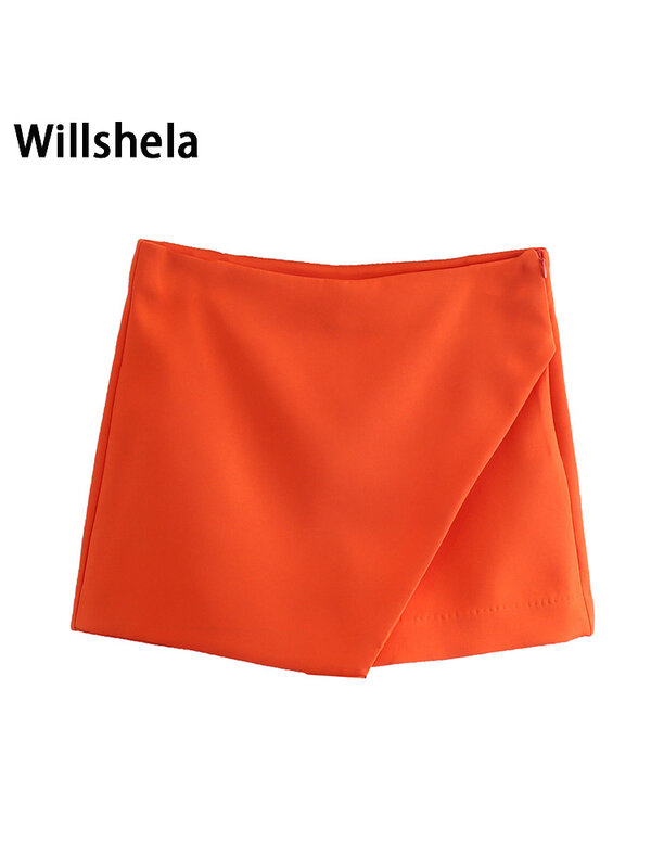 Willshela กระโปรงขาสั้นไม่สมมาตรสำหรับผู้หญิงแฟชั่นสำหรับผู้หญิงมีกระเป๋าเอวสูงด้านหลังมีซิปด้านหลังสีพื้น
