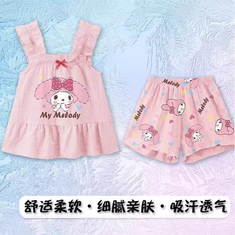 Sanrio Anime Cinnamoroll pijamas Kawaii Bow Kuromi My Melody para niñas, ropa sin mangas para el hogar, Tops de dibujos animados, juguetes para niños