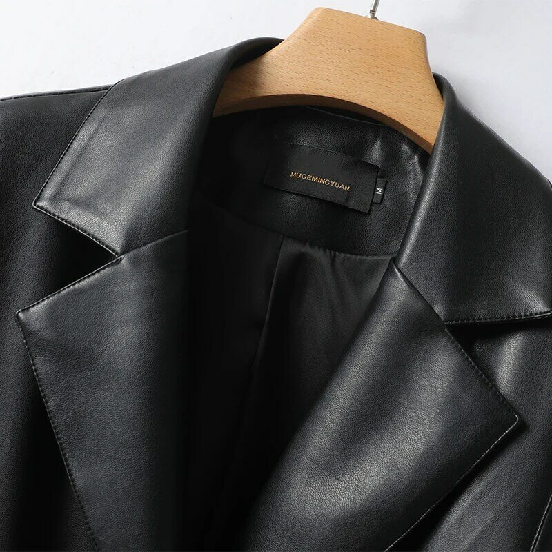 Женский кожаный блейзер на пуговицах, черный пиджак из натуральной овечьей кожи на завязках, Осень-зима 2023