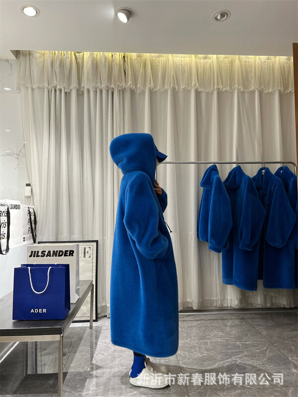 Manteau en fausse fourrure moelleux avec capuche pour femme, optique chaude, bleu, blanc, long, respirant, style coréen décontracté, mode hiver, 2022