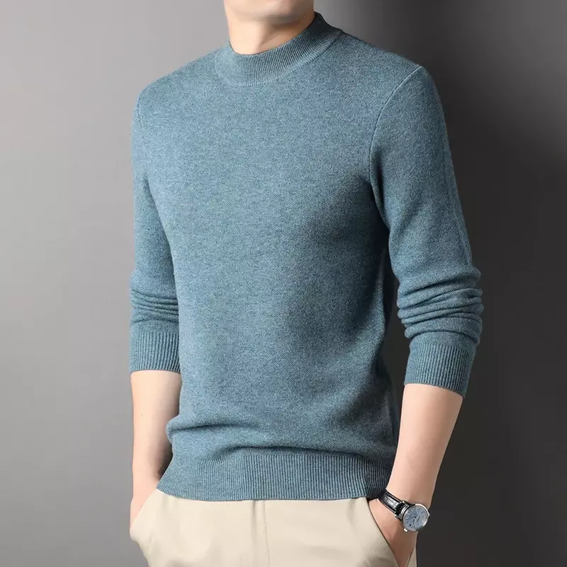 Men's Cashmere Sweater Winter New 100% Pure Wool Bottoming Shirt Casual Half High Collar Solid Color Sweater