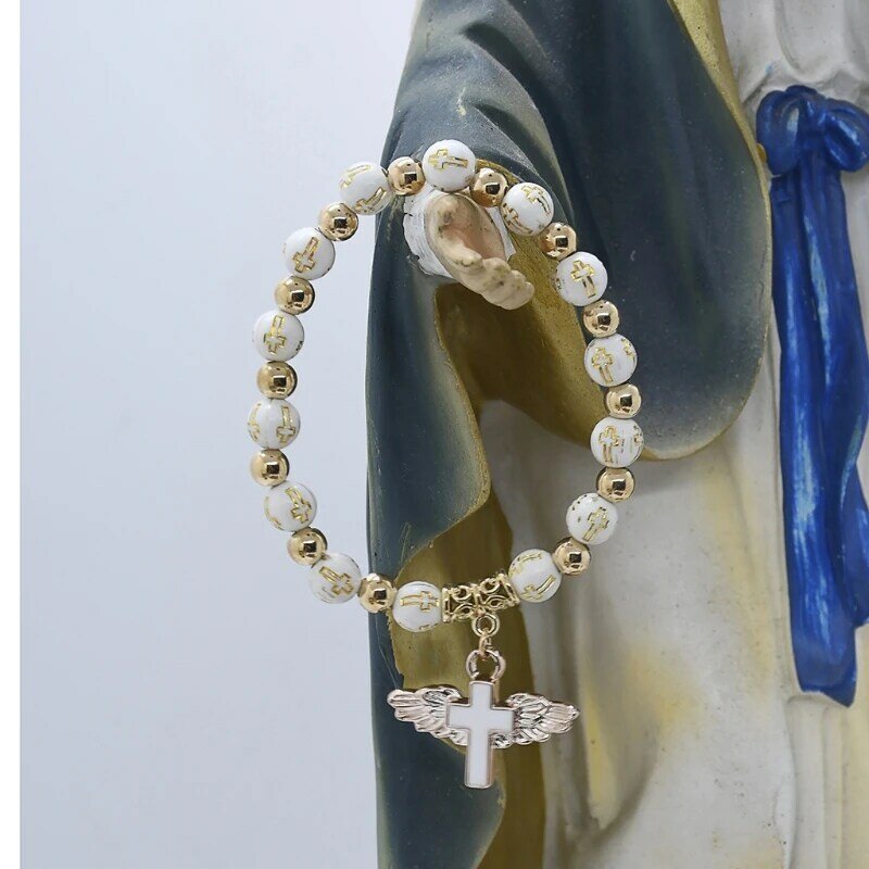 Nice religioso estiramento pulseiras charme anjo para cruz rosário contas pulseira pingente católico para mulheres jóias gi