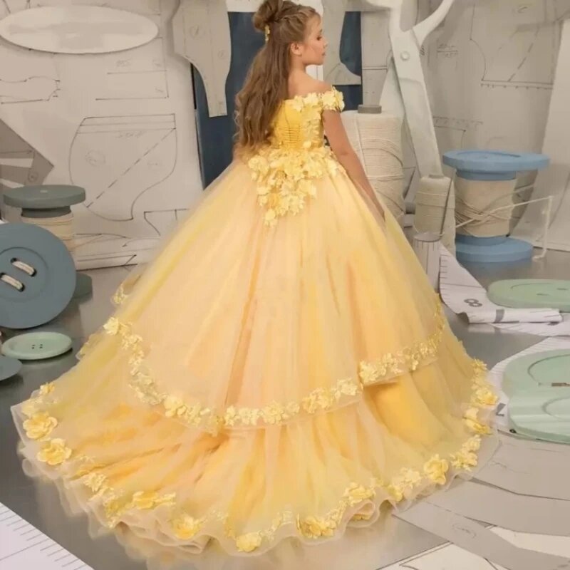 Многослойное кружевное платье с аппликацией и цветами для девочек, детское платье без рукавов из тюля для первого причастия, детское платье на день рождения, пышное платье принцессы для ребенка