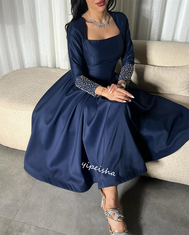 Ballkleid Saudi-Arabien Satin Perle Clubbing A-Linie Vierkant hals maßge schneiderte Anlass Kleid Midi Kleider