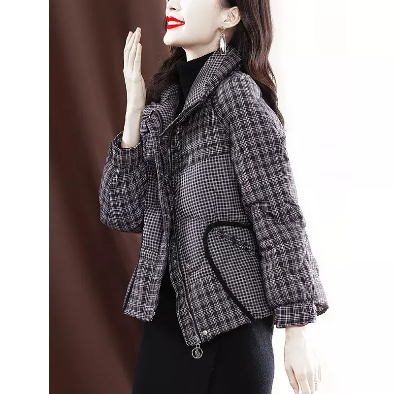 A Autumn Winter Women's  Down Cotton Coats Plaid Stand Collar Lightweight Parkas Female Patchwork Clothes Cotton-padded Clothes