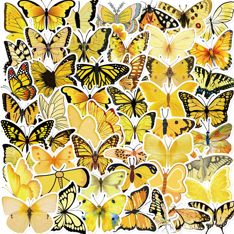 50PCS Cute Yellow Butterfly Sticky Paper Sticker Labels Waterproof Sticker Decal Stationery Supplies DIY Decoration Scrapbooking