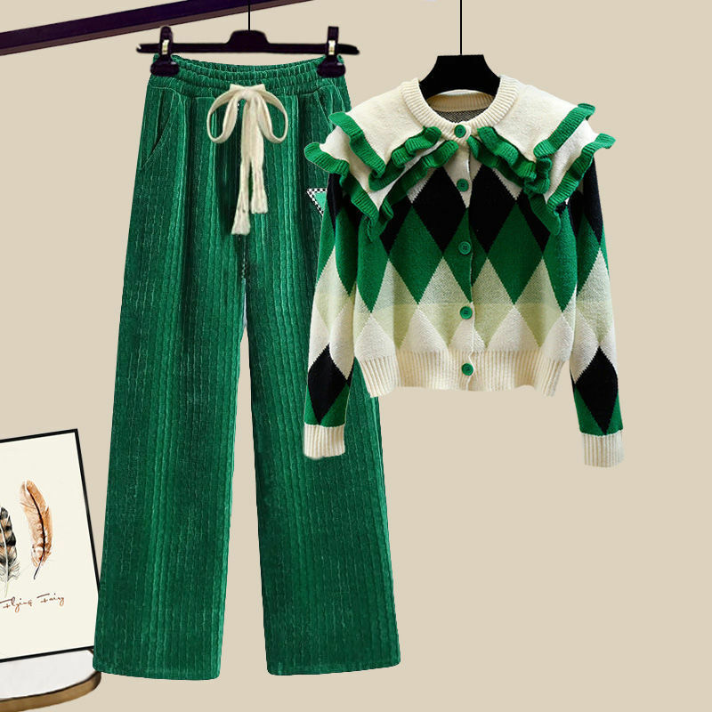 Новинка 2024, зимний большой женский комплект, модный и элегантный вязаный свитер, широкие брюки с высокой талией, комплект из двух предметов для женщин