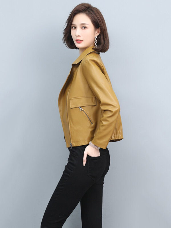 새로운 봄 가을 여성 가죽 재킷 바이커 코트 2024년 턴다운 칼라 지퍼 오토바이 재킷 헐렁한 스트리트웨어 겉옷 M-5XL