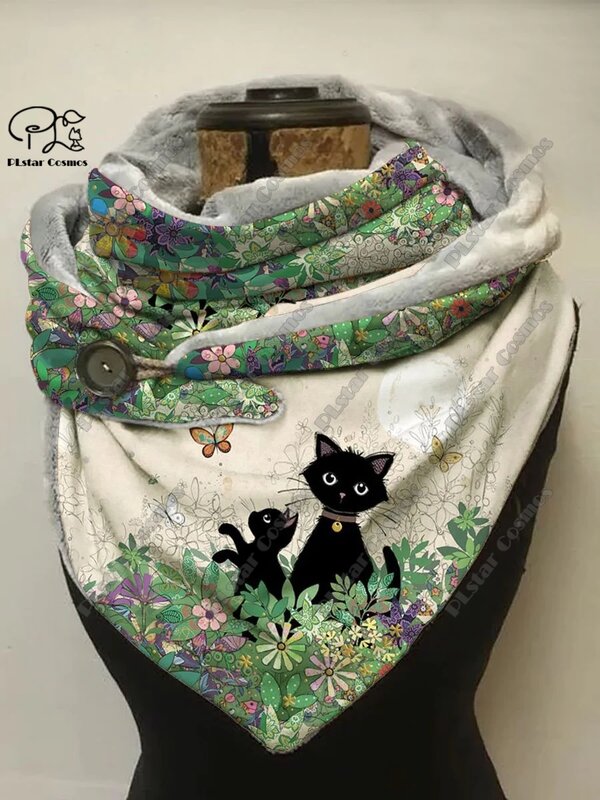 小さな3Dプリントの三角形のスカーフ,子猫のパターン,暖かいショール,動物シリーズ,かわいい,面白い,春,冬,M-2