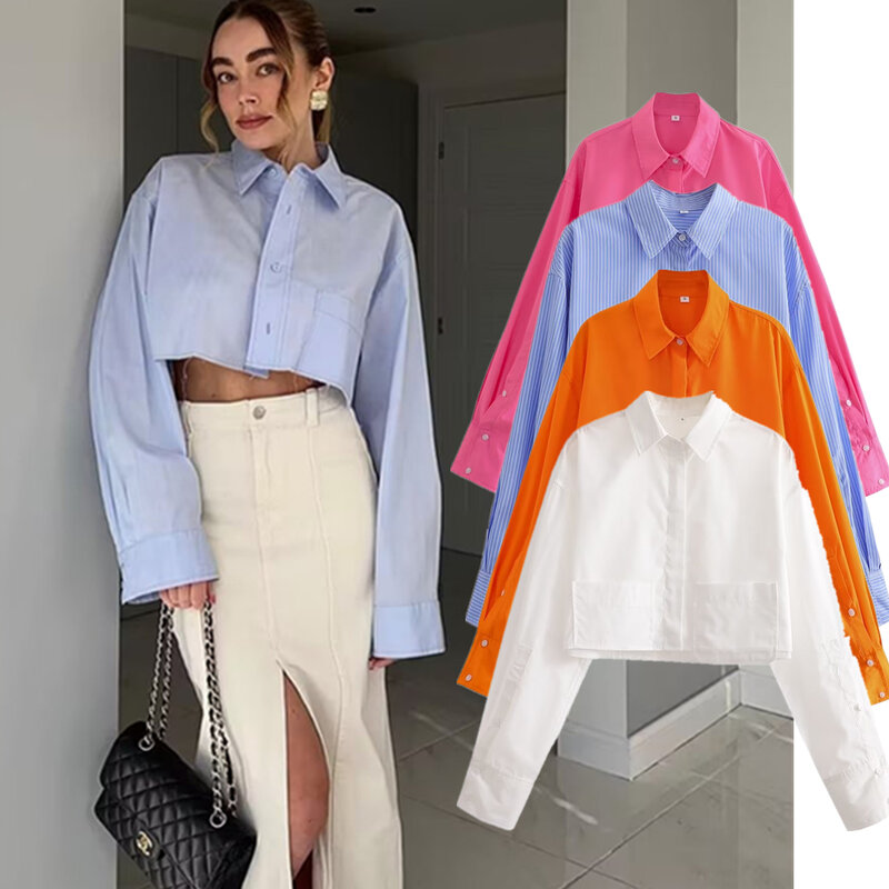 Withered French Blogger High Street Pocket Cropped Shirt Retro Casual Tops Women Fashion Ladies Summer Blouse