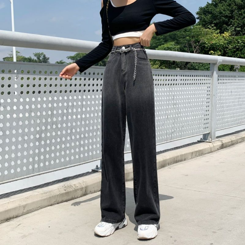 Pantalones vaqueros de pierna ancha de cintura alta para mujer, pantalón holgado de tubo recto, versátil, Color degradado personalizado, verano, 2023