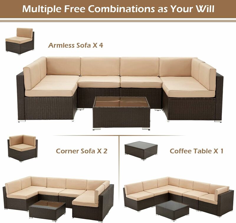 Mobília ao ar livre do pátio Set, PE Rattan Wicker Sofá Set, cadeira secional com almofadas e mesa de chá, 7 PCs
