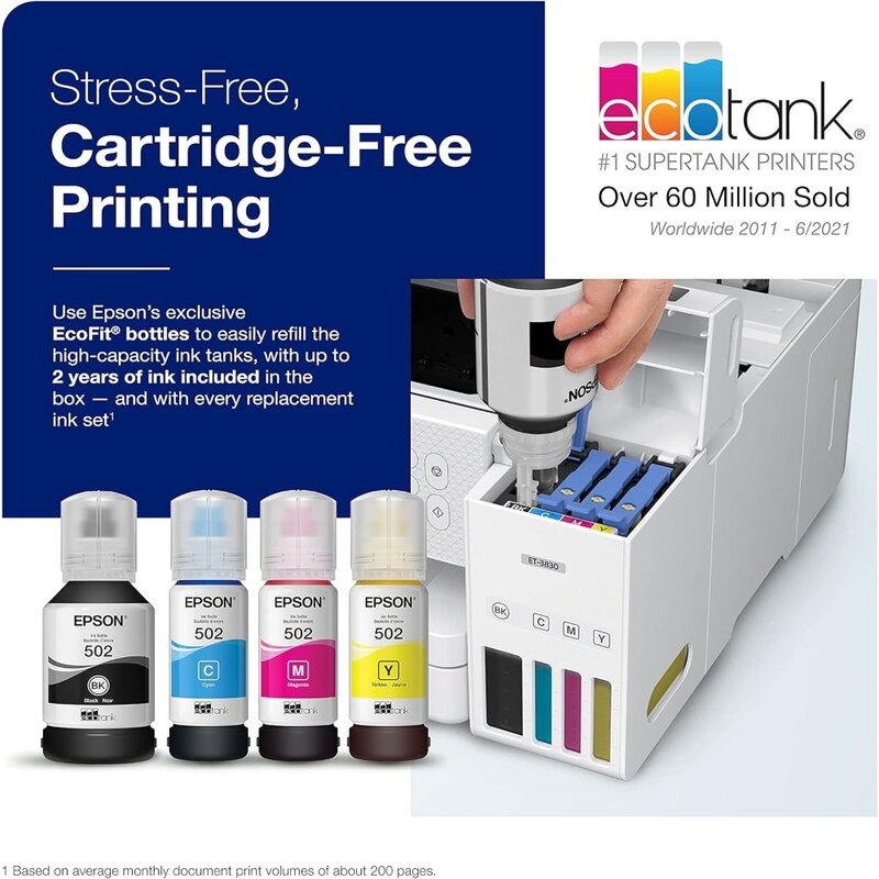 EcoTank-impresora Supertank todo en uno, máquina de impresión inalámbrica a Color, sin cartucho, con escaneo, copia, impresión automática de 2 caras y Ethernet, ET-3830