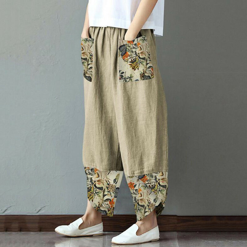 2023 moda letnia Vintage casualowa spodnie z elastyczną gumką w pasie nogawka patchworkowa nieregularna damska bawełniana szeroka, prosta luźna spodnie z nadrukiem
